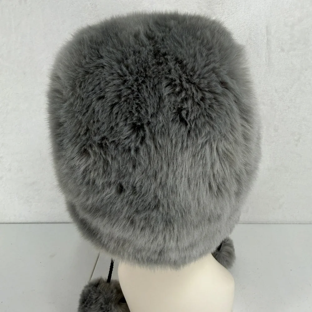 Justice One Size Trapper Hat Grey Faux Fur Pom Pom Aviator Winter Cap 820388